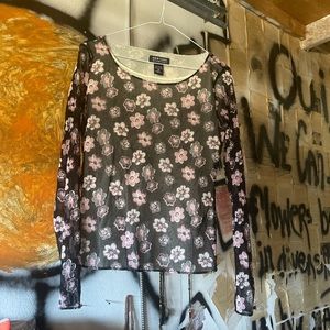 Vintage Cherry Blossom and Polka Dot Mesh Fitted Long Sleeve Size Medium